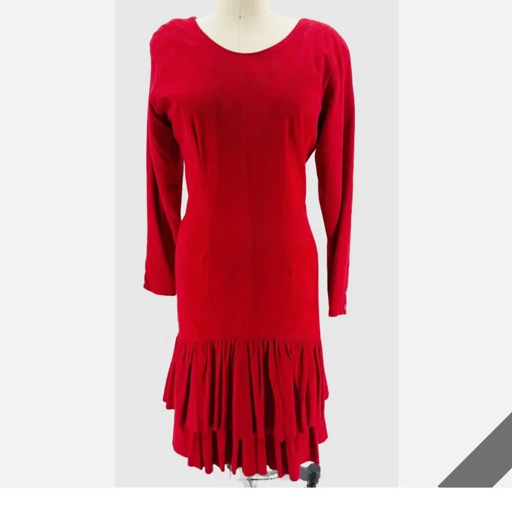 VAKKO Vtg 80s Red Suede Drop Waist Ruffle LSV Dress 6 Cowgirl Western Boho - Picture 11 of 11